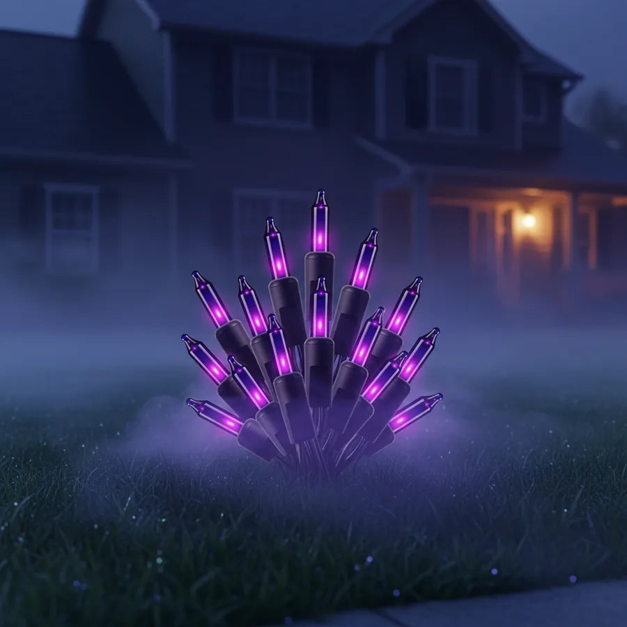 Wexford Phantom String Lights set up on a suburban front lawn at night, lit against the house