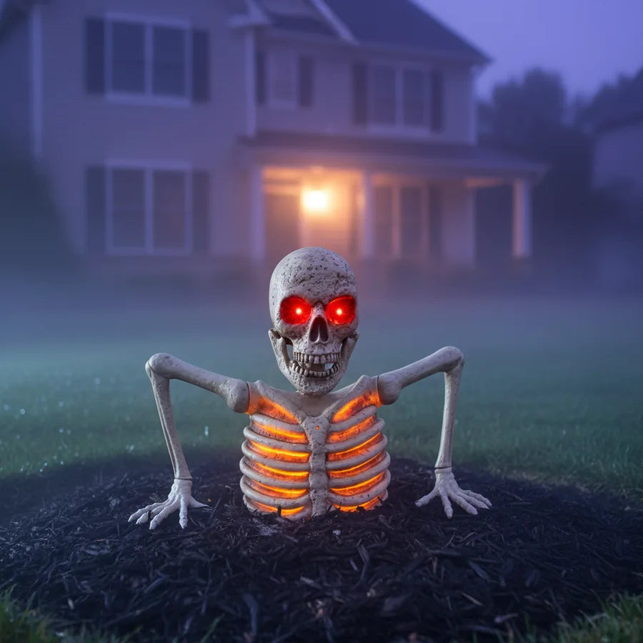 Palewick 3.3 ft Groundbreaker set up on a suburban front lawn at night, lit against the house