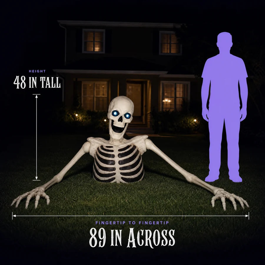 Scale diagram: the groundbreaker measured 48 in tall and 89 in across, beside a lilac human silhouette