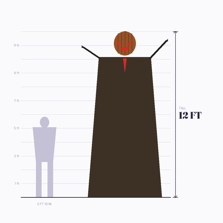 Size diagram: the figure at 12 ft beside a grey adult silhouette, measured base to stem