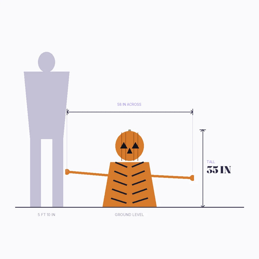 Size diagram: the groundbreaker measured at 35 in tall and 58 in across, beside a grey adult silhouette