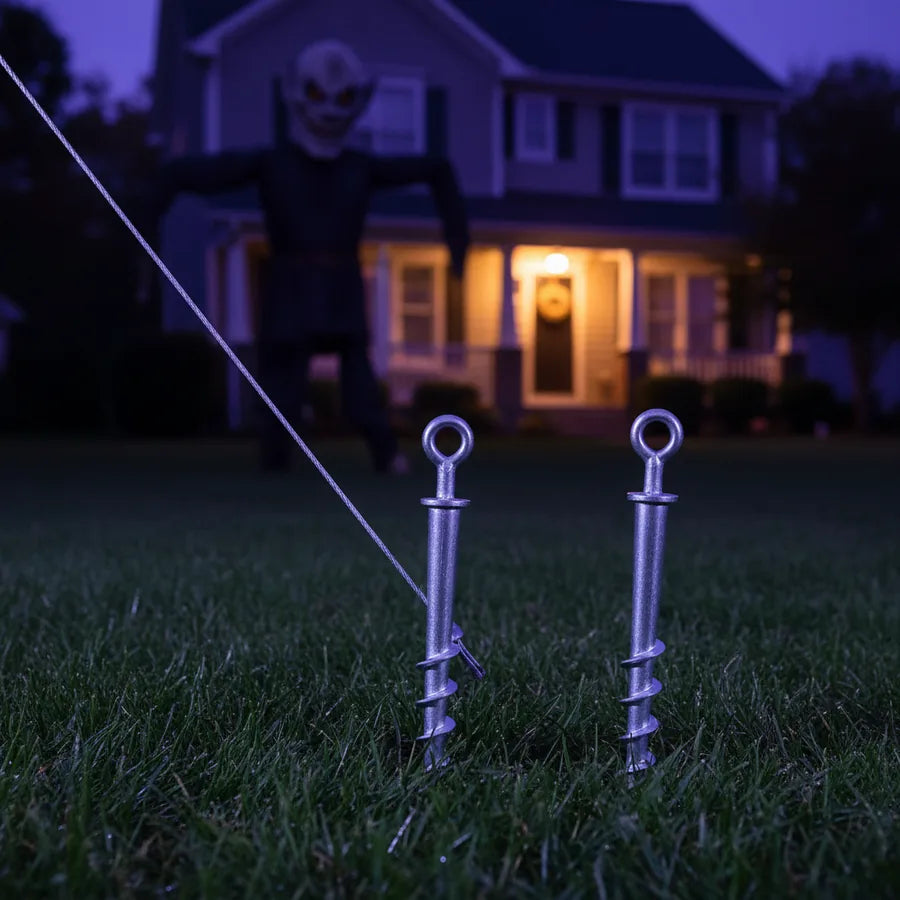 Ground-Lock Anchor Kit, 12 stakes set up on a suburban front lawn at night, lit against the house
