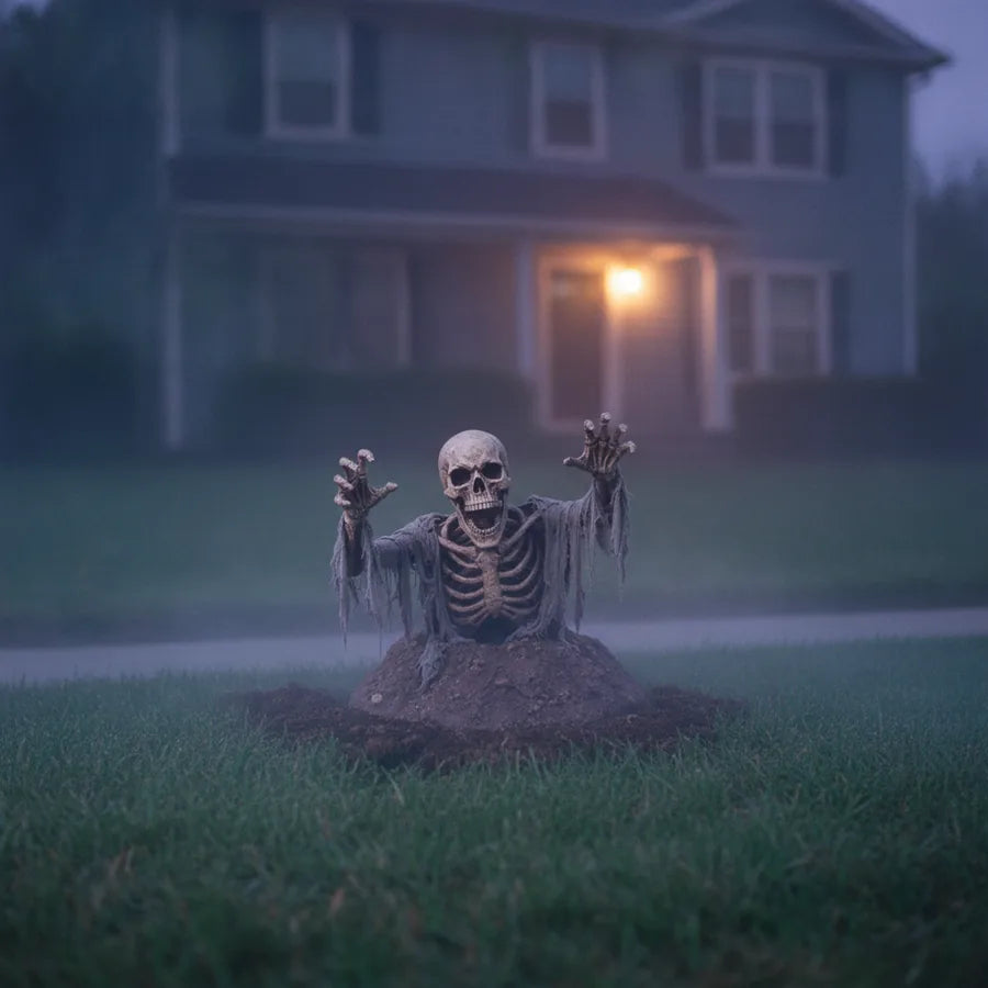 Risen Groundbreaker set up on a suburban front lawn at night, lit against the house