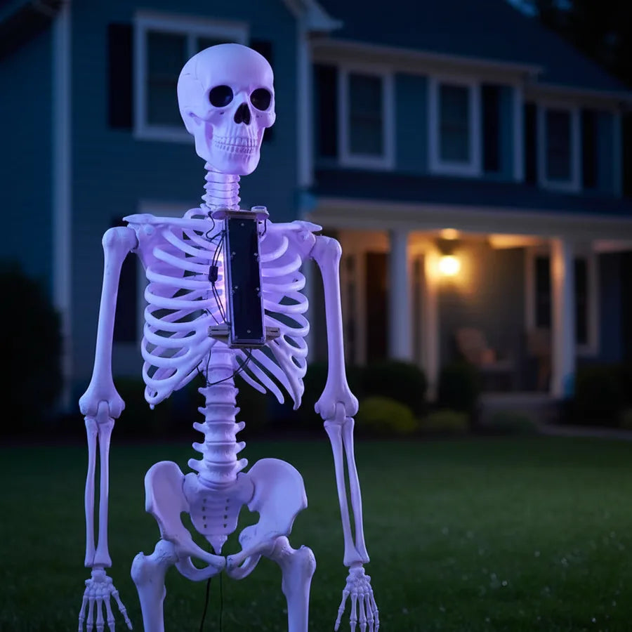 Emberline Colour-Changing Lighting Kit set up on a suburban front lawn at night, lit against the house