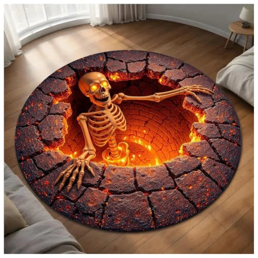 Angled view of the Emberpit Illusion Rug, showing the depth of the illusion print