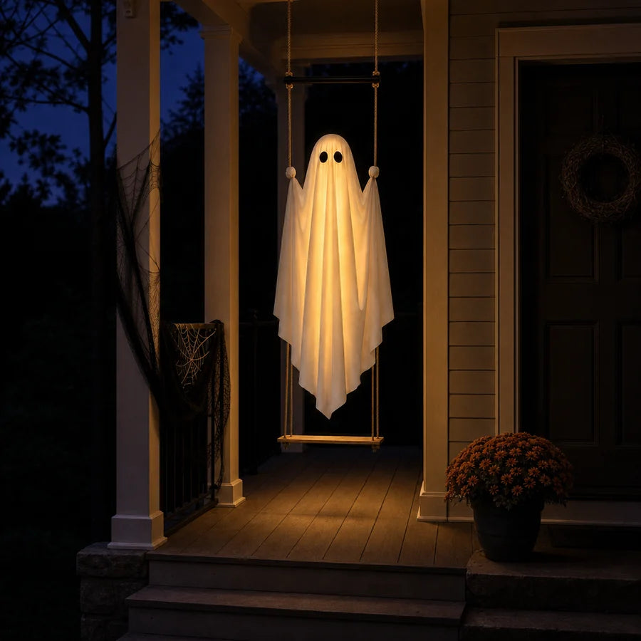 The same porch after dark, the cloth now glowing warm amber and throwing light across the decking