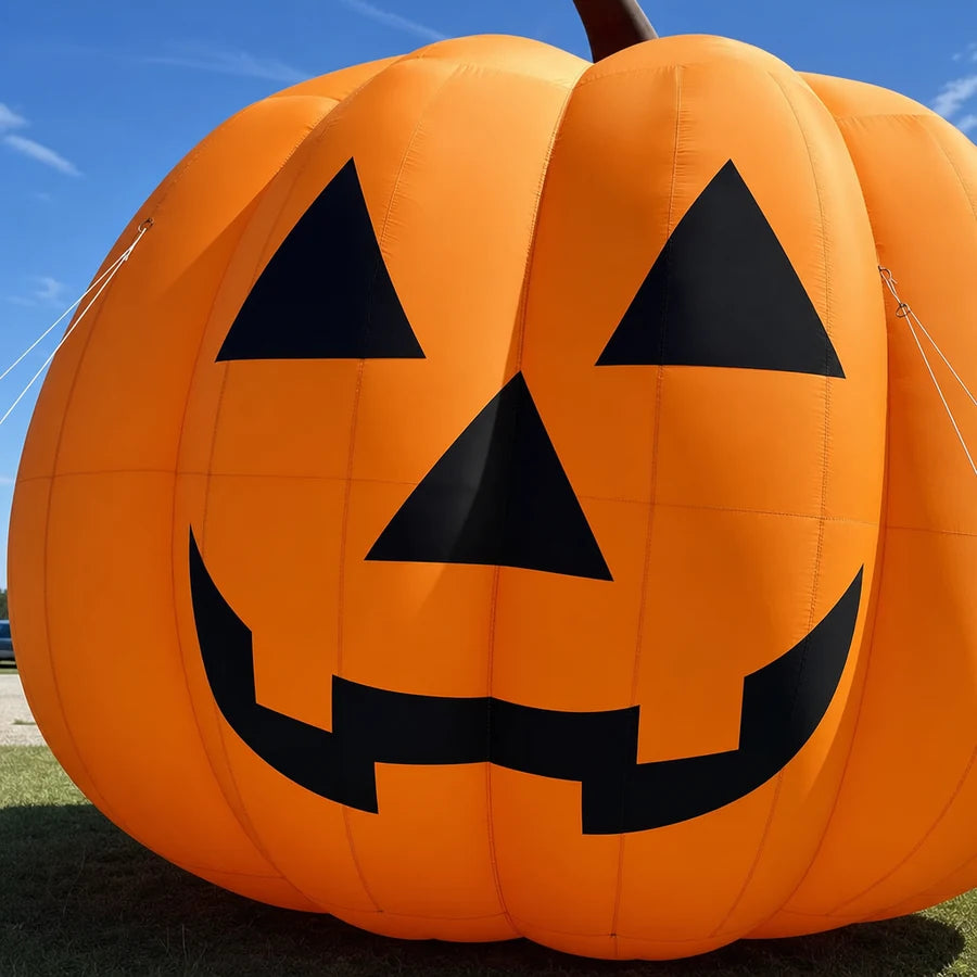 Close daylight crop of the giant inflatable pumpkin's carved black triangle-eyed face