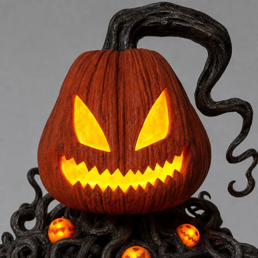Close-up of the carved pumpkin head, lit warm orange from the eyes and mouth