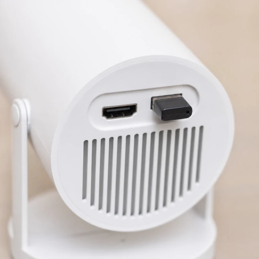 Close view of the ports on the back of the unit, a USB drive plugged into one