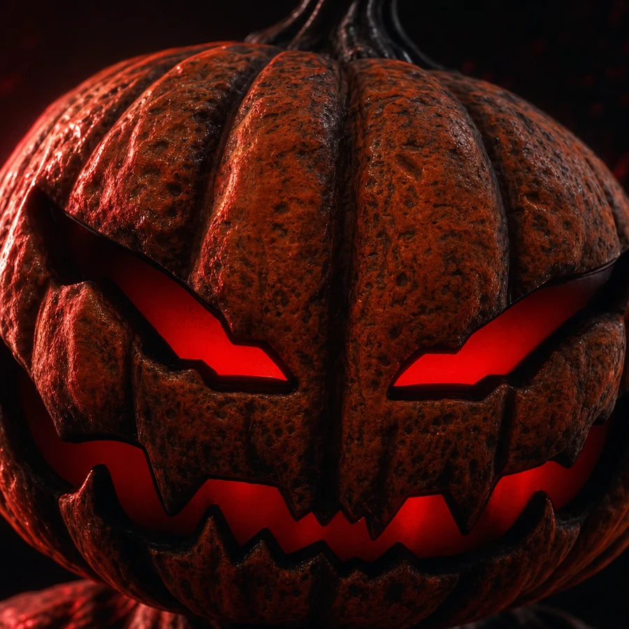 Extreme close-up of the carved pumpkin head with glowing red triangular eyes and a jagged grin