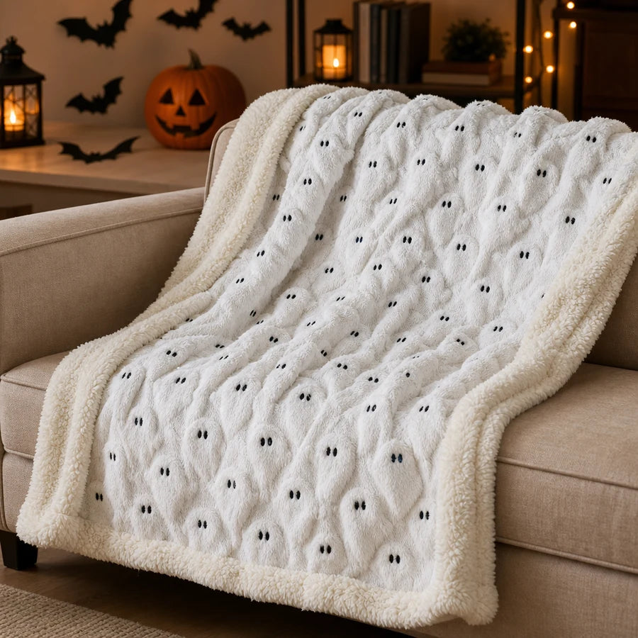 Draped over a beige sofa in a softly lit living room with a small pumpkin nearby