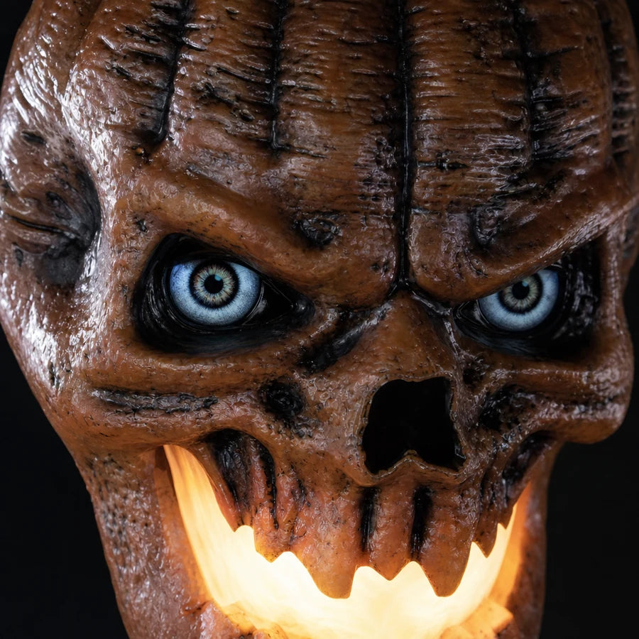Close up of the carved pumpkin skull, both eye sockets holding realistic glowing LCD screens