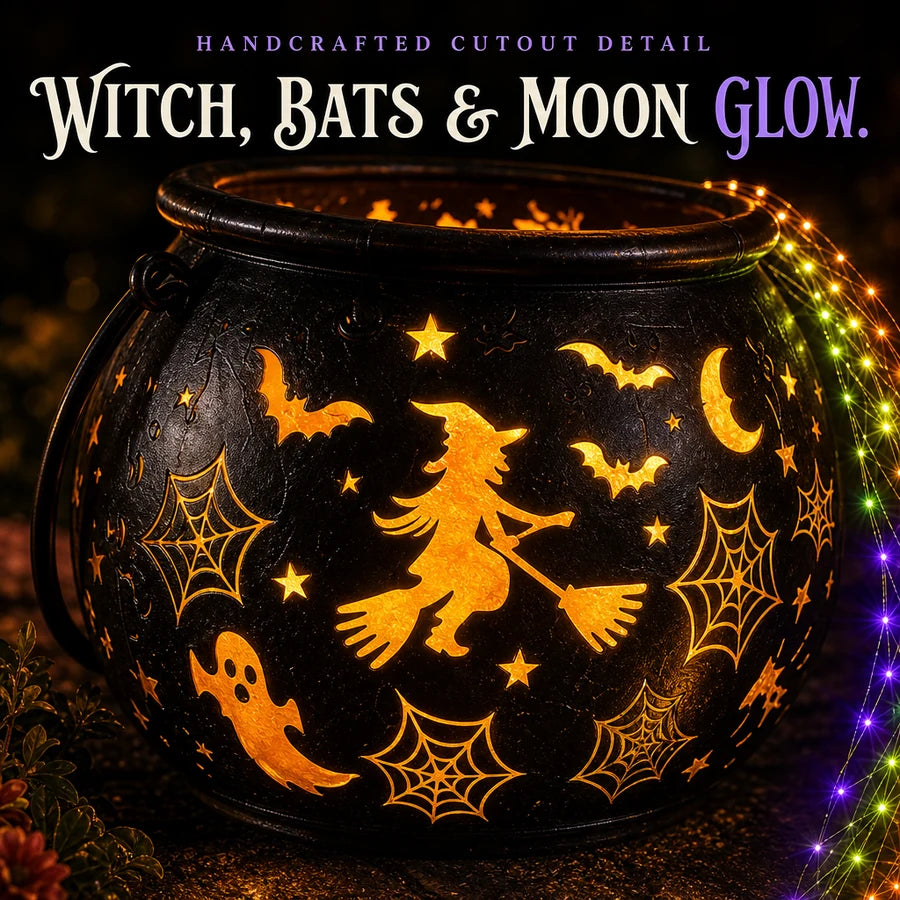 Infographic: macro of the cauldron's glowing amber cutout shapes, witch, bats and moon