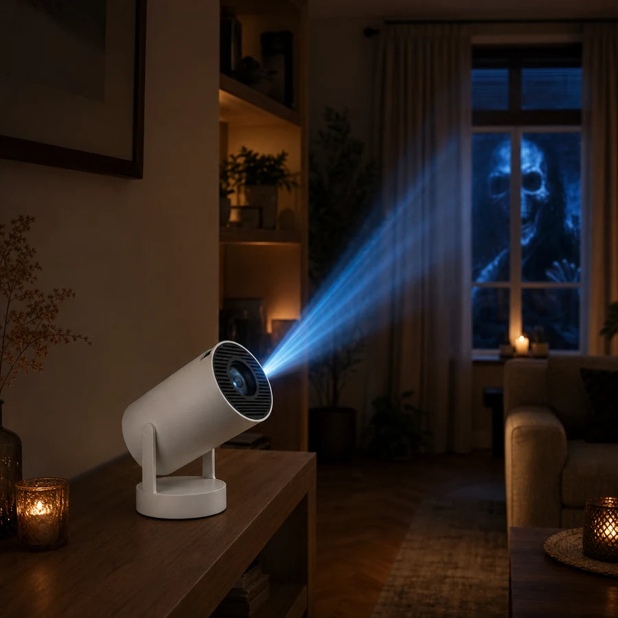 The projector on a console table inside a dim living room, aimed at the window across the room