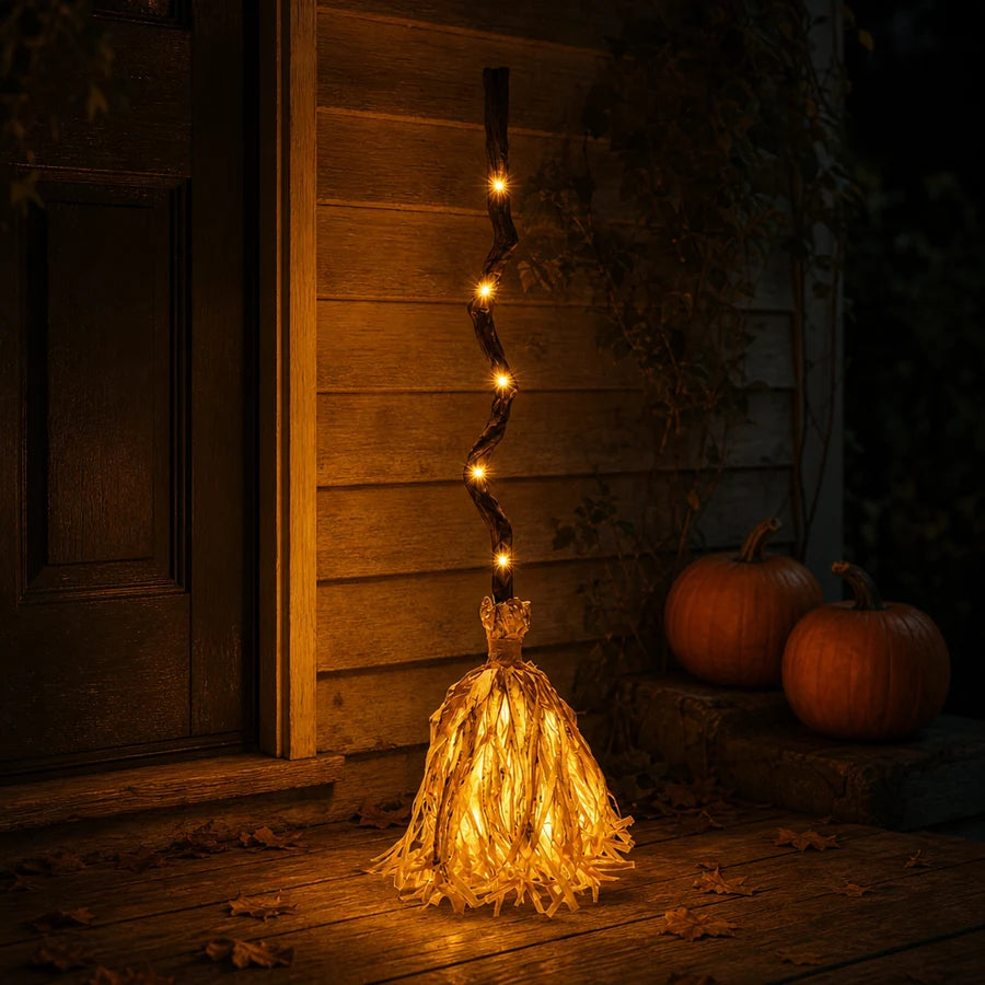 On a covered porch at night in warm amber, two plain pumpkins on the step behind it