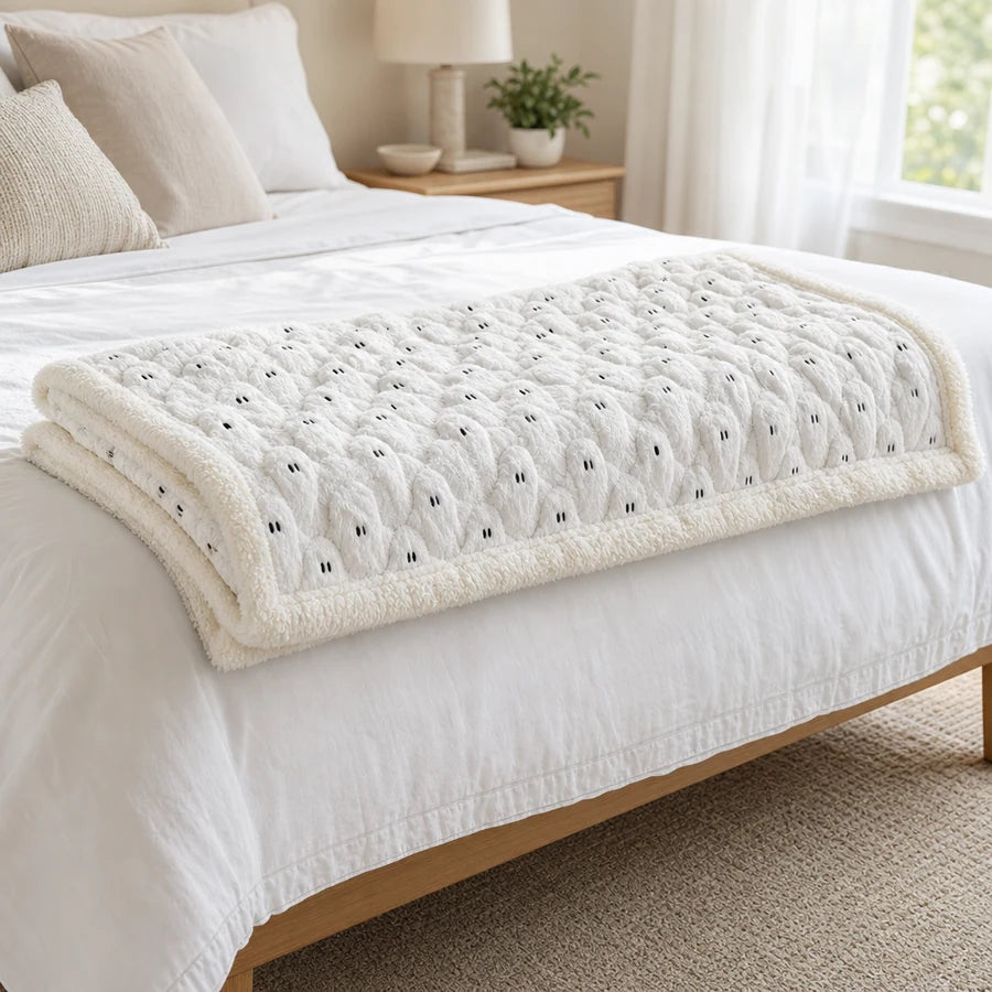 Folded across the foot of a white bed in bright morning light