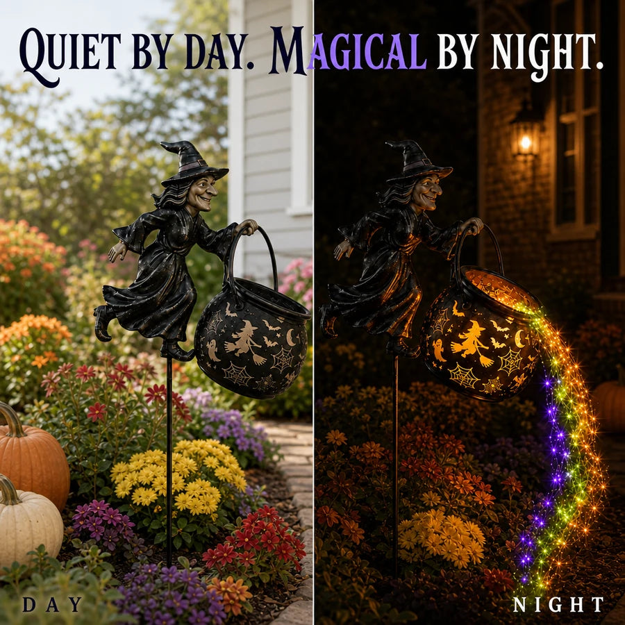 Infographic: quiet by day, magical by night, split view of the same flower bed