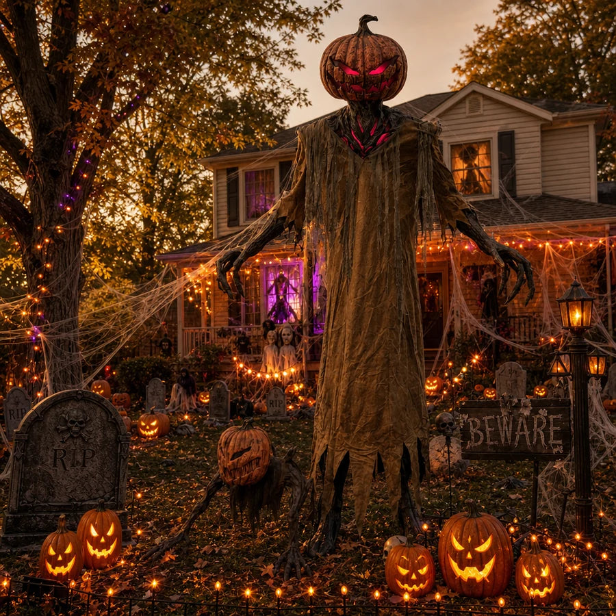 The figure standing among a fully decorated front yard with jack-o'-lanterns and string lights at dusk