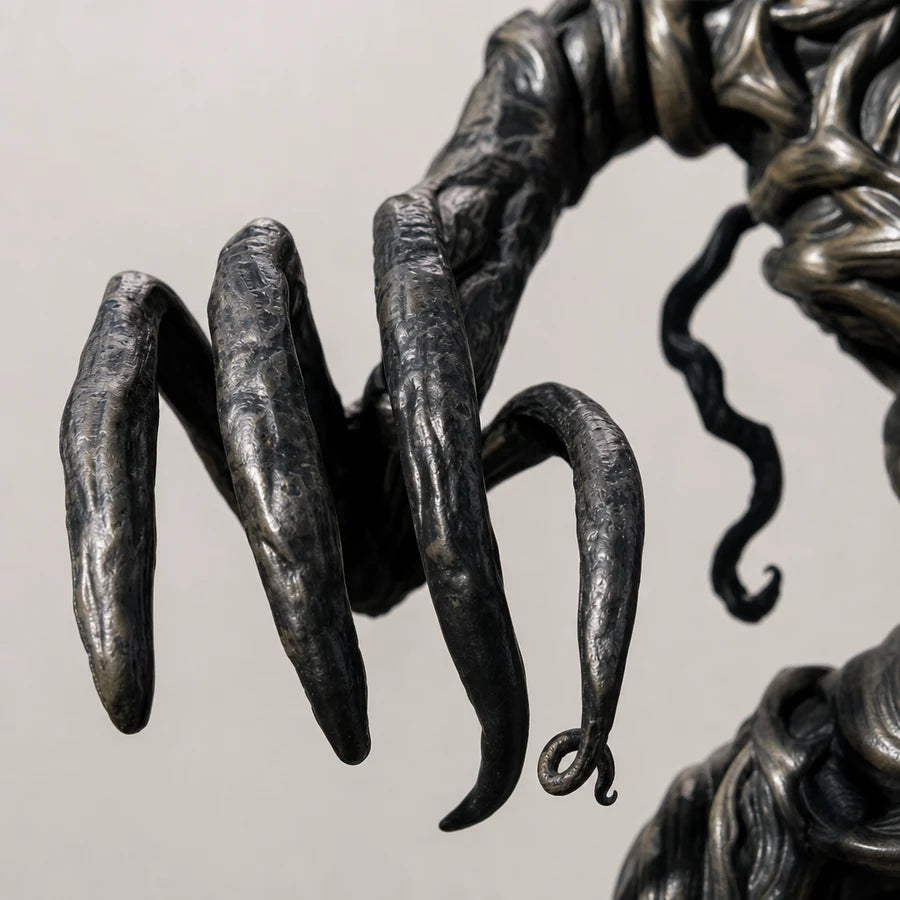 Close-up of a vine arm and curling tendril hand, black textured surface