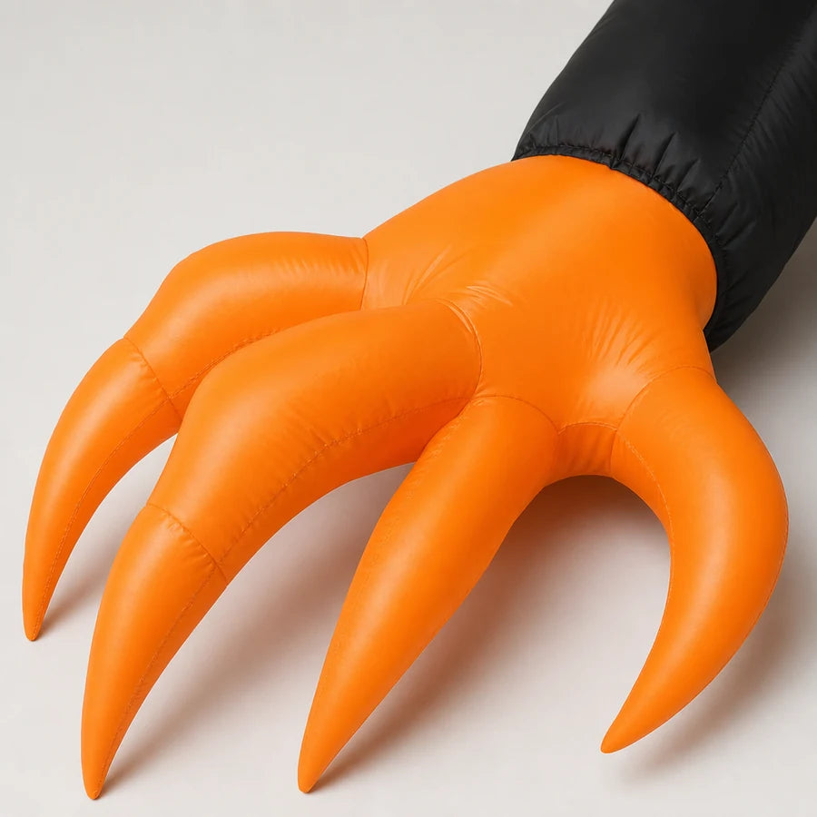 Macro of one clawed orange hand reaching out from the black sleeve