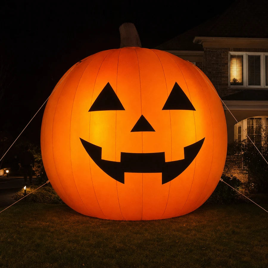 The giant inflatable pumpkin at night with its carved face glowing amber from an internal LED strip