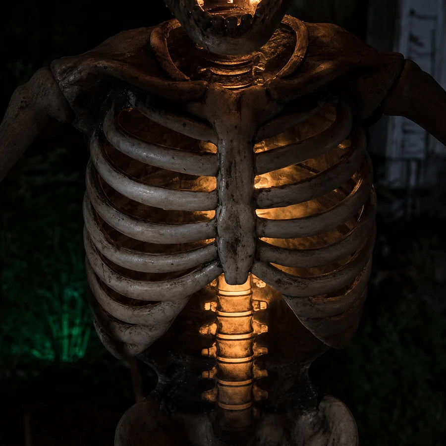 Close up of the ribcage and spine lit warm amber from inside the chest