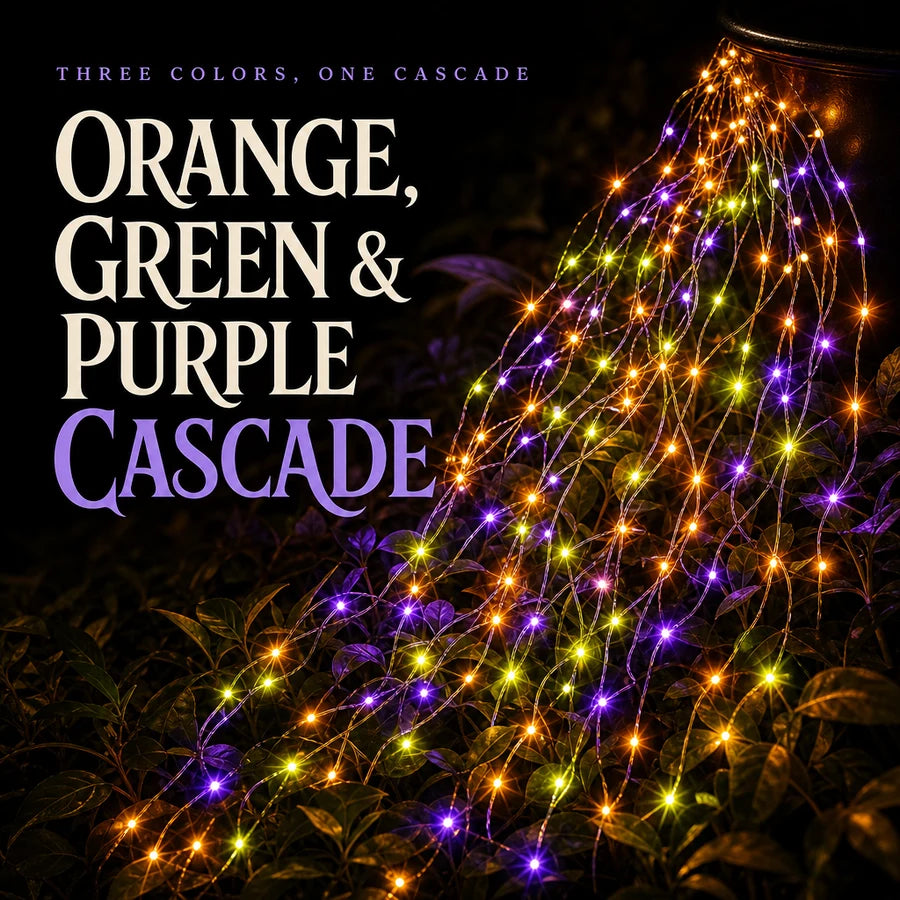 Infographic: macro of the orange, green and purple cascade lighting the leaves