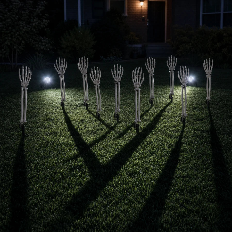 The arms lit from below by two spotlights, long shadows across the lawn