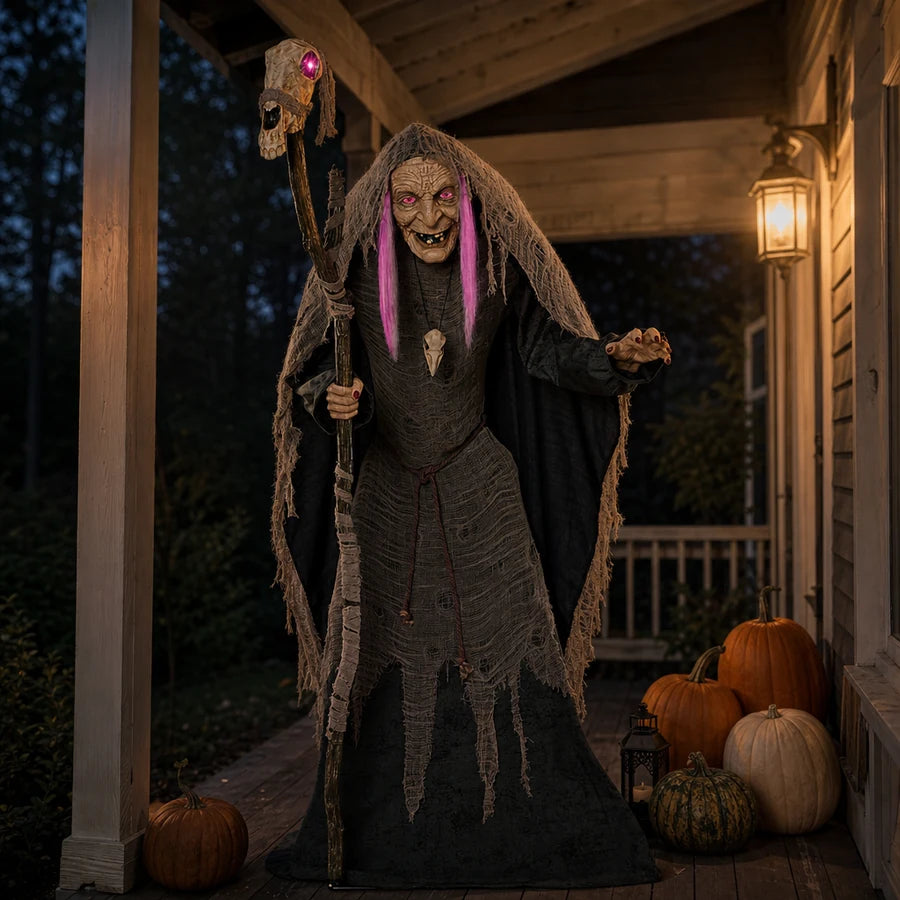 Seen from the front steps at night, the porch lit only by her eyes and the staff