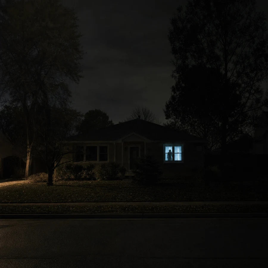 The same house seen small from the public sidewalk, the window the brightest thing on the block