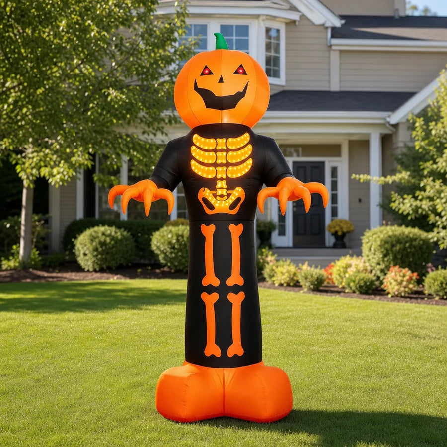 The reaper staked on a front lawn in daylight, its shadow falling across the grass