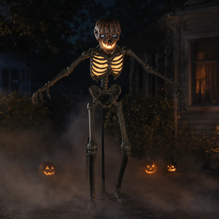 Standing in a fogged front yard at night, glowing amber, small jack-o'-lanterns at its feet