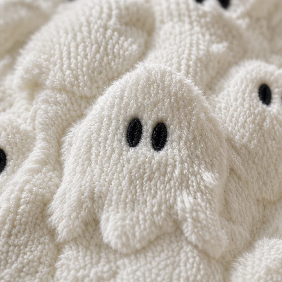 Close on the raised 3D ghost texture, two embroidered eyes in sharp focus