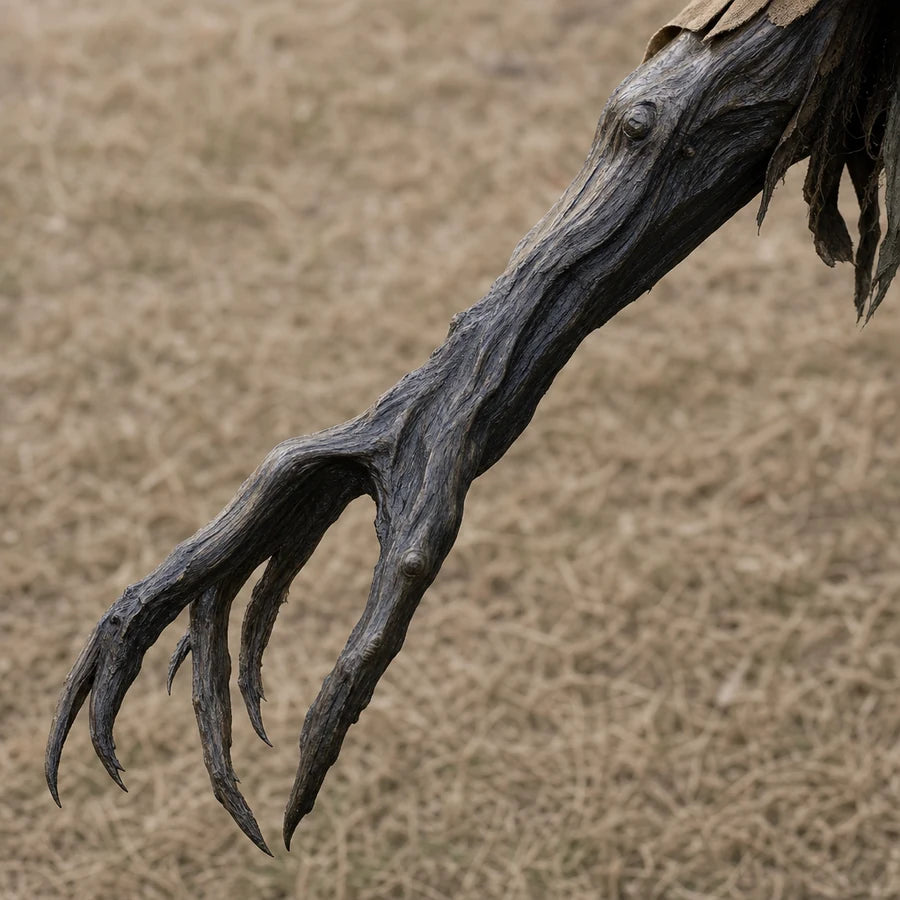 Macro of one long gnarled branch-like arm with dark twisted bark texture and claw-like fingers