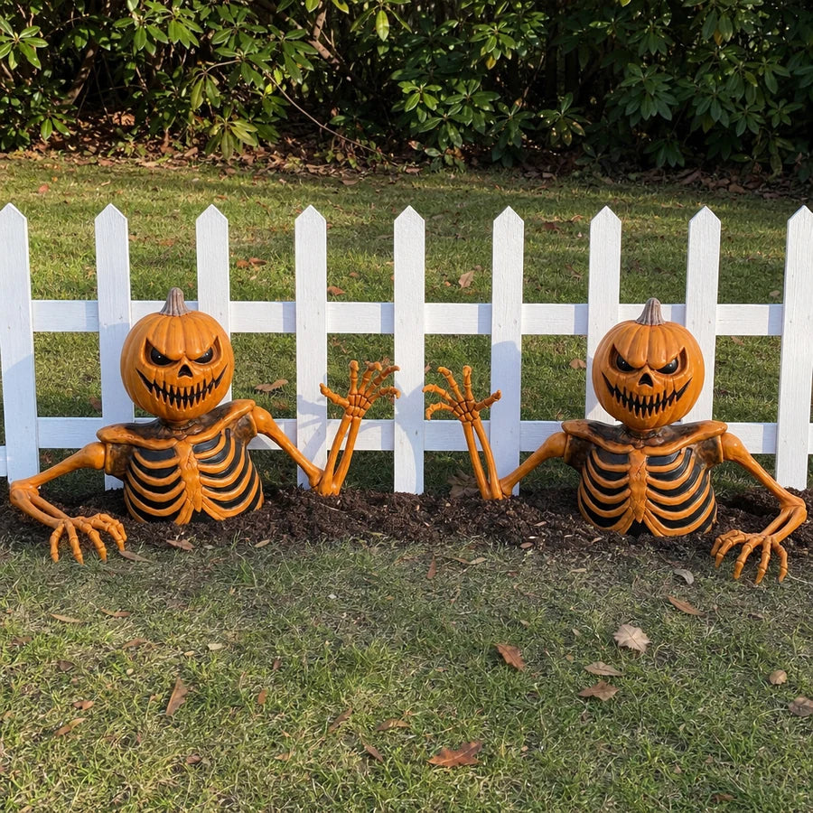 Two groundbreakers spaced along a low fence line, their reaching hands almost meeting