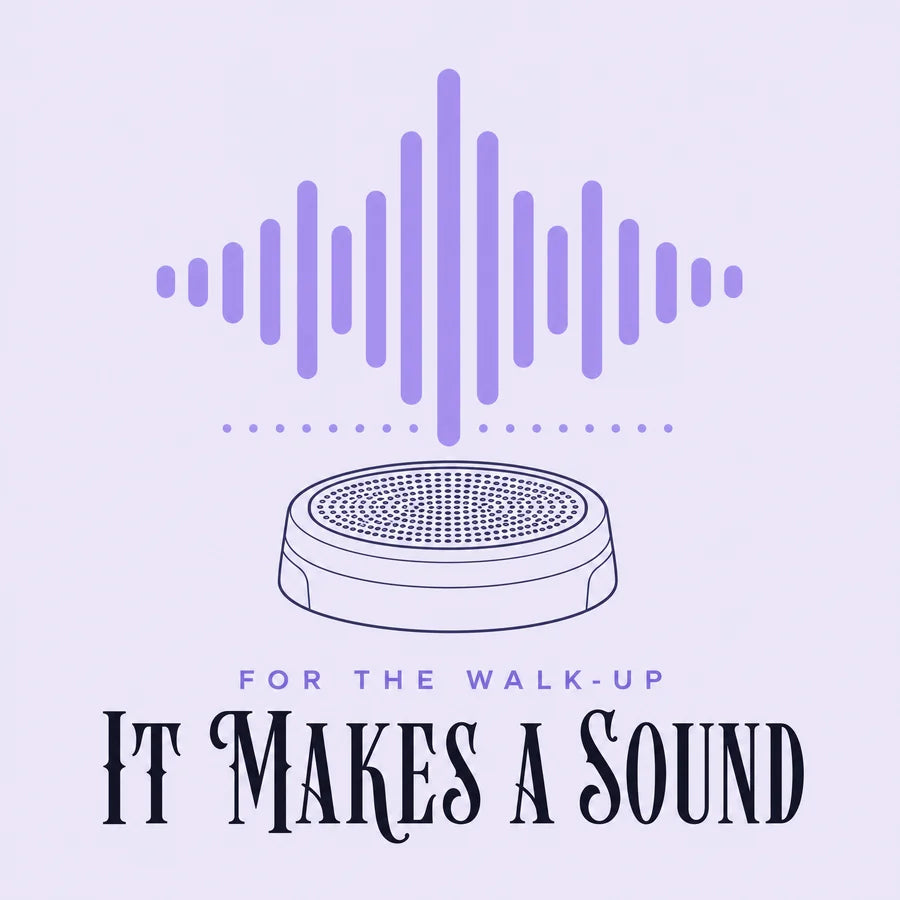 Pale lilac panel: a speaker with a lilac audio waveform rising from it