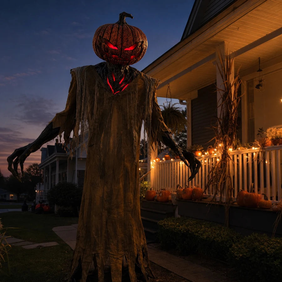The figure standing beside a decorated front porch at dusk with string lights coming on