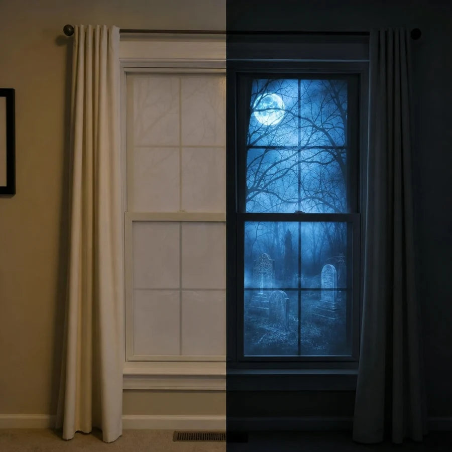 One window split down the middle: room lights on and flat on the left, lights off and glowing on the right