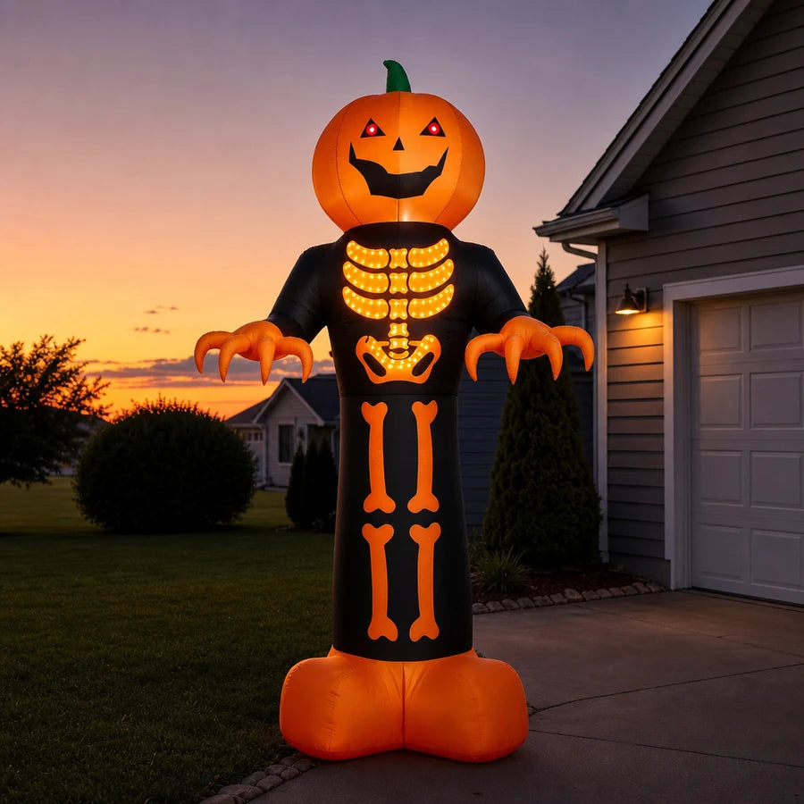 The reaper staked beside a driveway at dusk, lit against the darkening sky