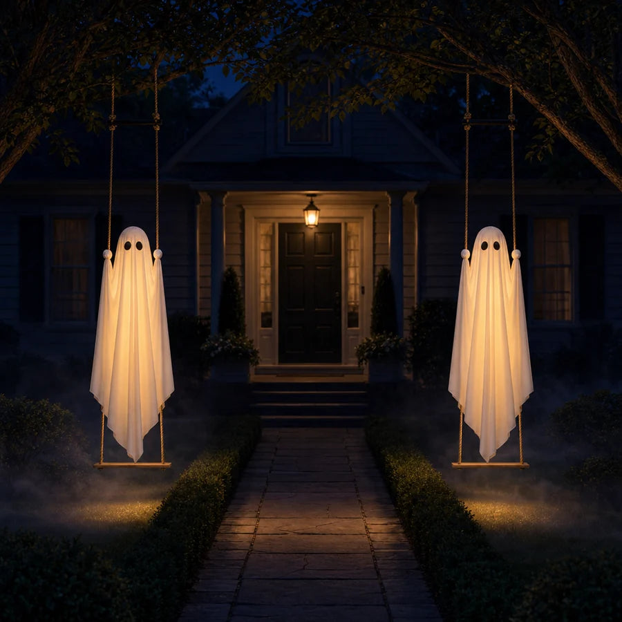 Two of them lit on either side of a front walk at night, framing the path to the door like a pair of lanterns