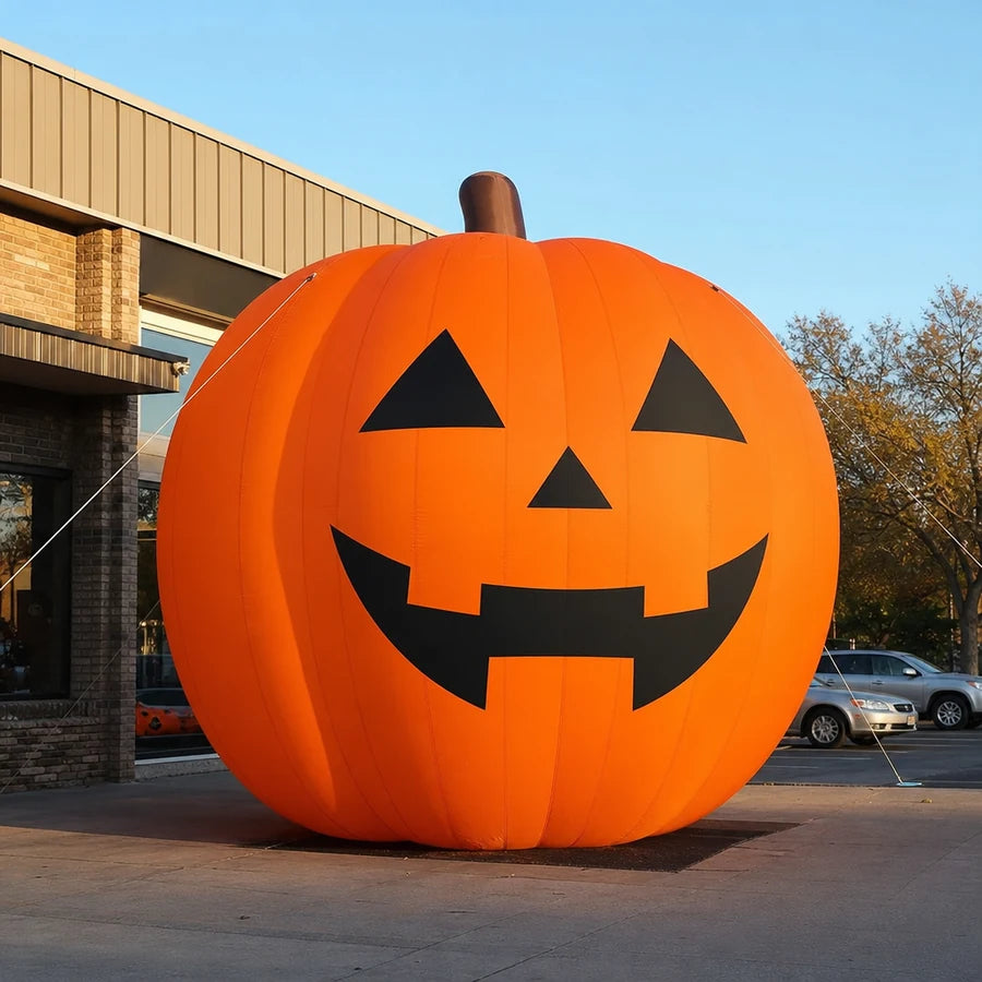 The giant inflatable pumpkin displayed in front of a small commercial storefront in late-afternoon light