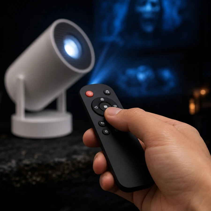A hand holding the remote control, thumb on a button, the projector out of focus behind it