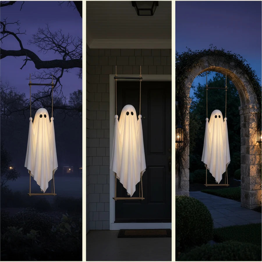 Three night bands: the ghost under a bare oak, on a covered porch, and inside a stone garden arch