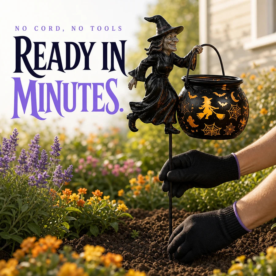 Infographic: ready in minutes, gloved hands staking the piece into garden soil