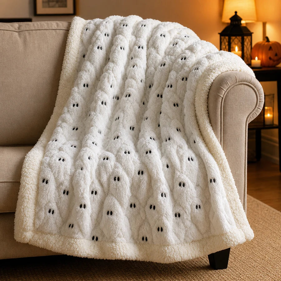 Hanging off the rolled arm of a sofa, most of the pattern facing forward