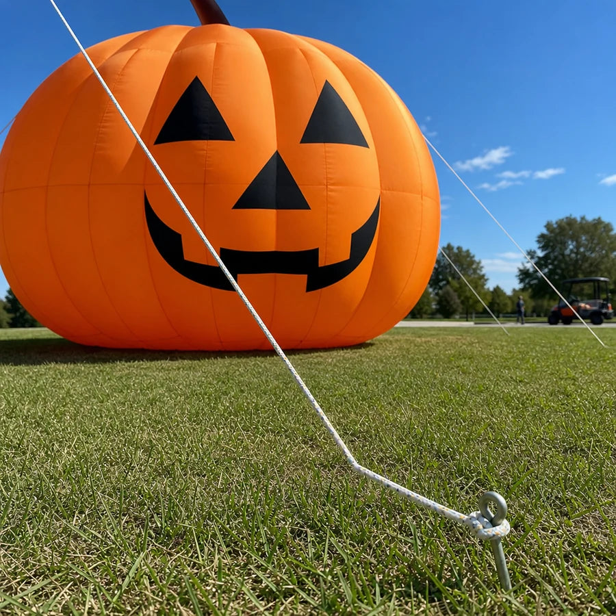 Close crop of one ground stake and guy-rope anchoring the base of the giant inflatable pumpkin